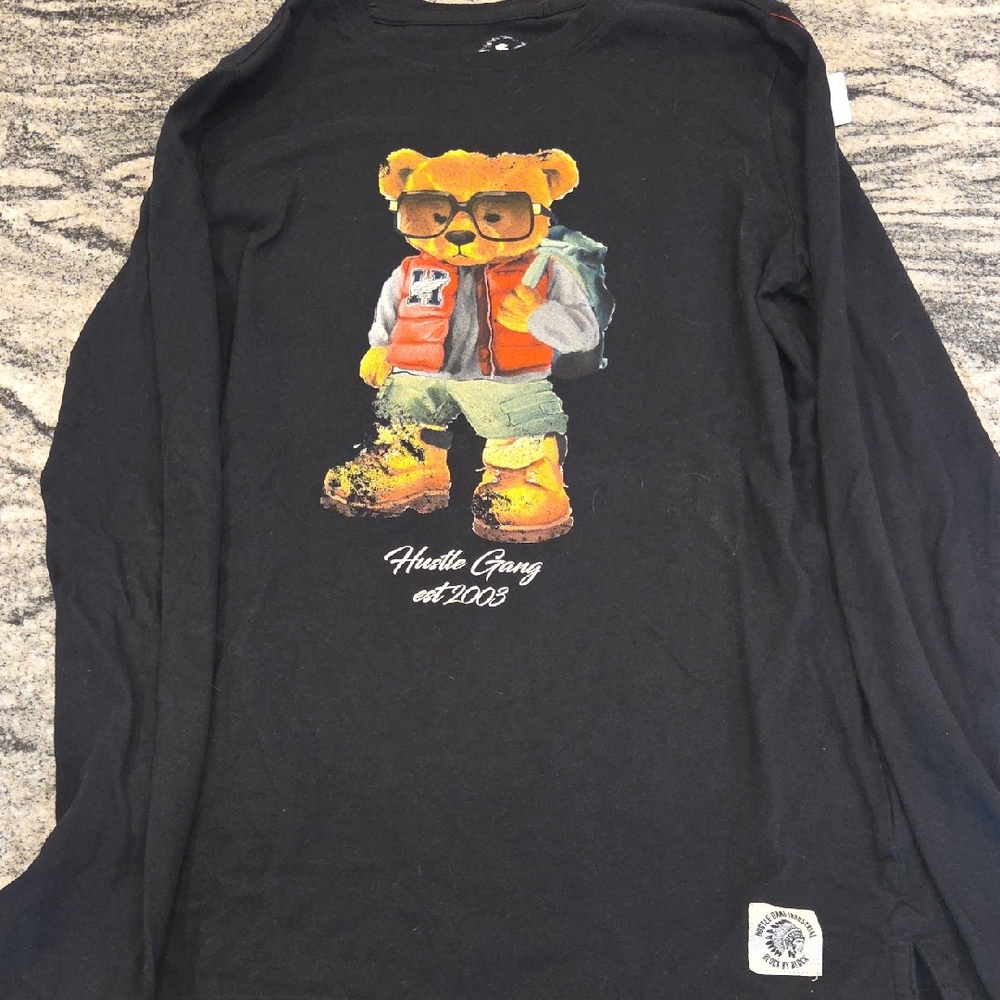 Hustle Gang Black and Orange Long Sleeve Tee with Bear Graphic